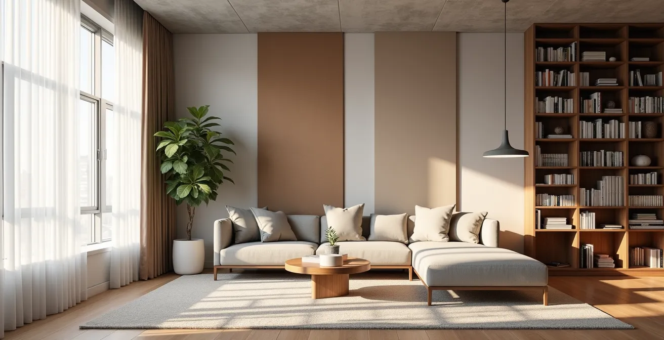 Living room corner showing strategic furniture placement and acoustic panels