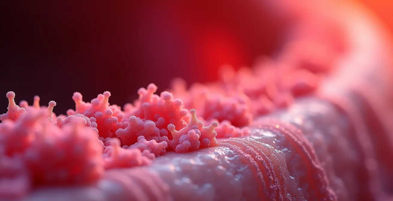 Extreme close-up macro photography showing bacterial biofilm on tooth surface transitioning to bloodstream