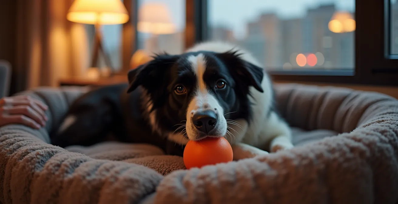 Relaxed Border Collie on dog bed with frozen Kong toy in dimly lit condo