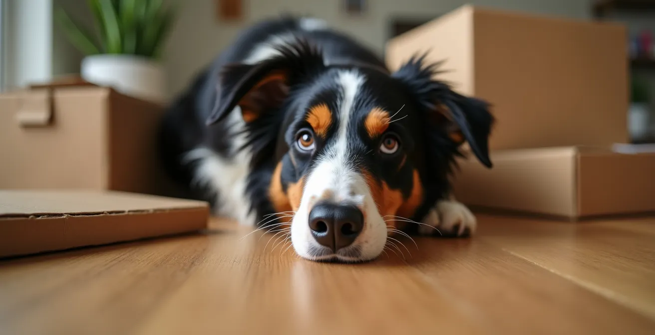 Border Collie searching through cardboard boxes for hidden treats in condo setting