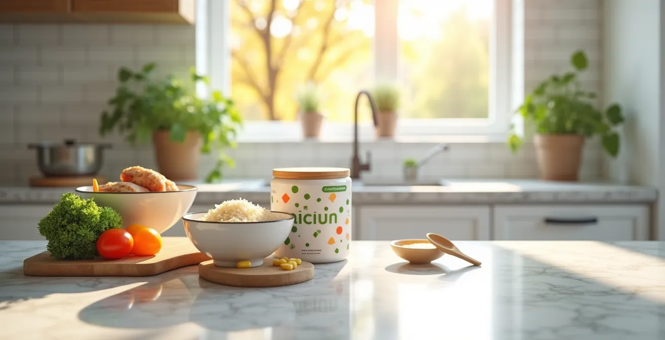 Wide shot of bright Canadian kitchen with homemade dog food preparation setup