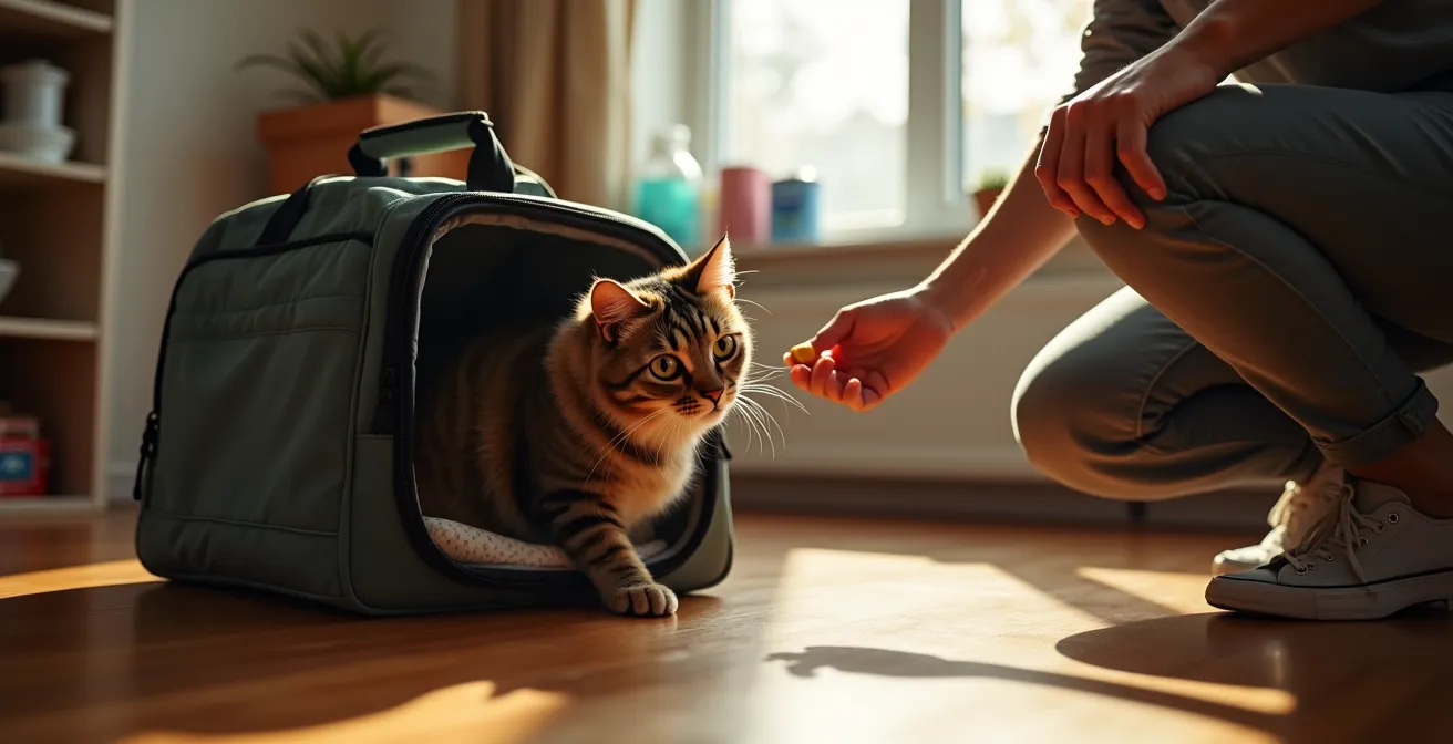 Cat entering carrier with calm demeanor during training session in home environment