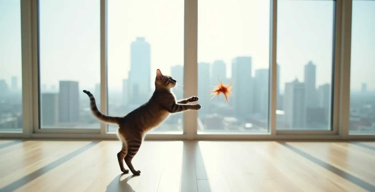 Cat in mid-pounce during high-intensity interval play session with feather wand toy