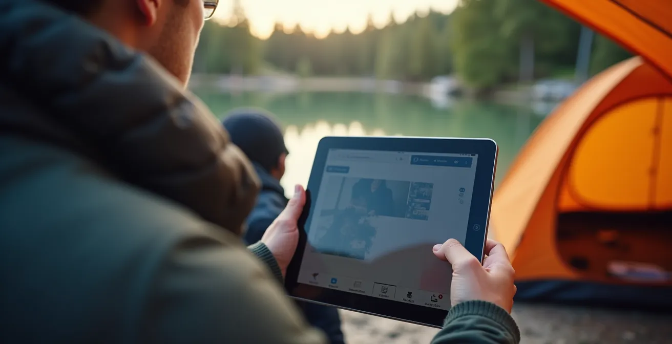 Dog owner reviewing digital parasite risk information on tablet while planning outdoor adventure