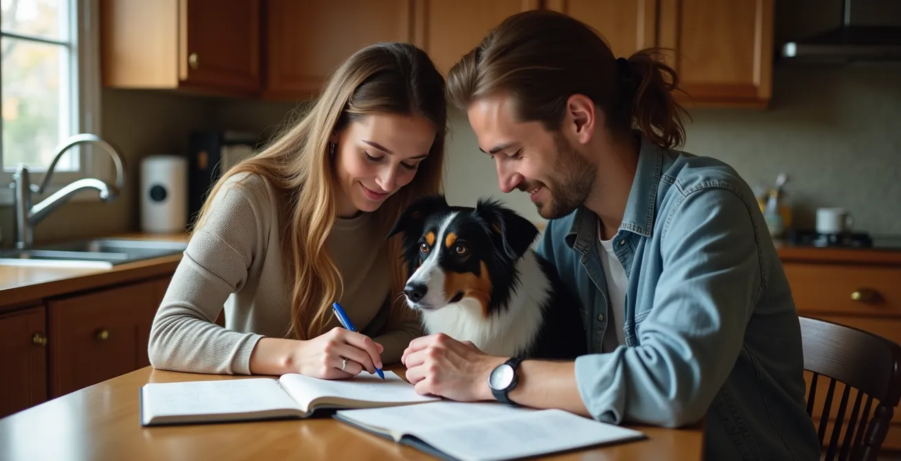 A couple sitting at a kitchen table collaboratively writing a dog training plan together in a notebook, while their attentive dog watches them.