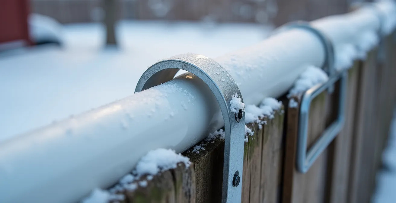 Close-up of PVC coyote roller system mounted on wooden fence covered in snow