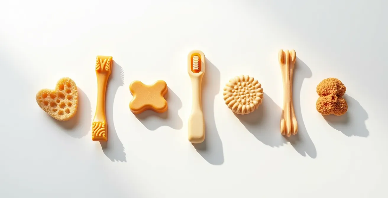Wide angle view of various pet dental products arranged on clean white surface showing texture differences