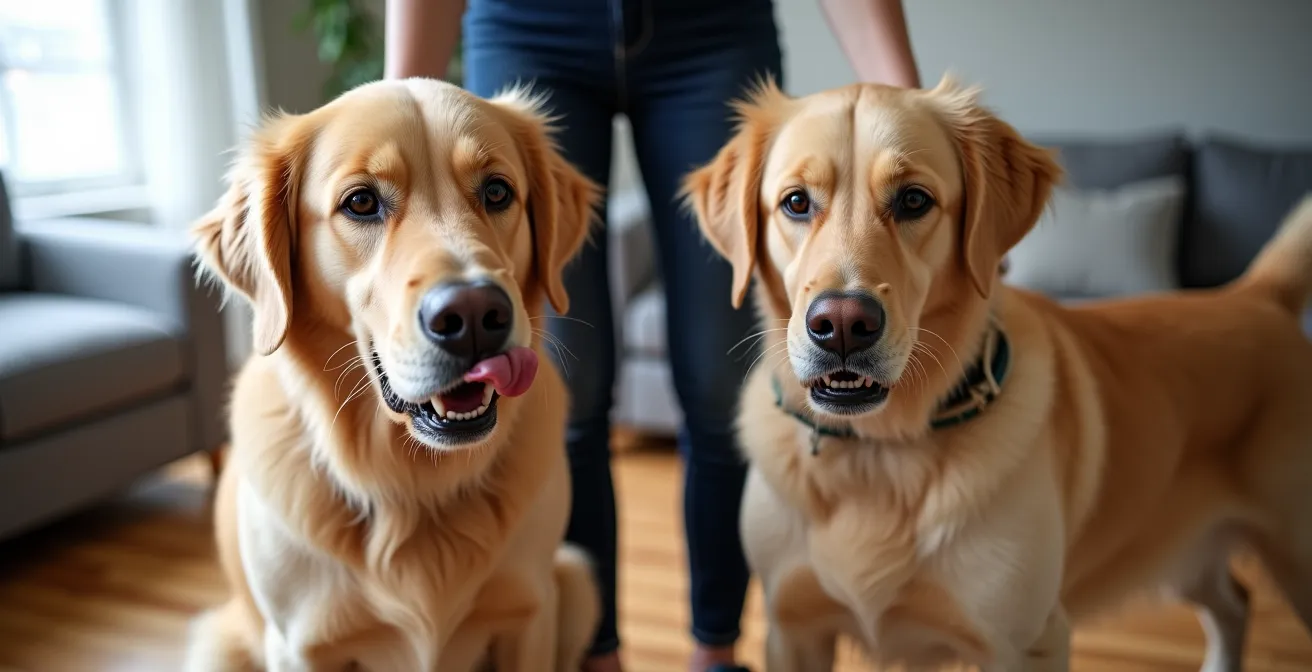 Split comparison showing fearful versus respectful dog body language in Canadian breeds