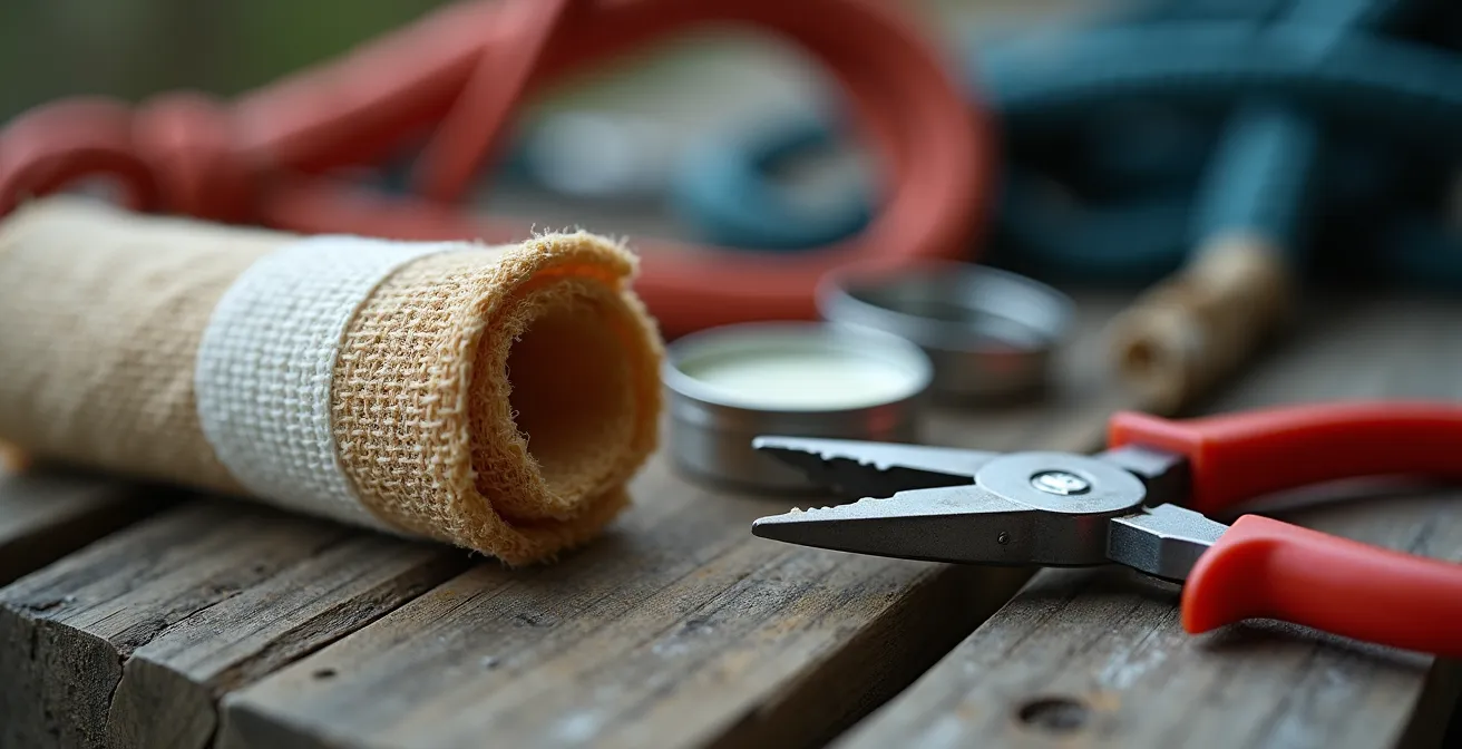 Close-up macro view of hiking first aid supplies arranged on a wooden surface