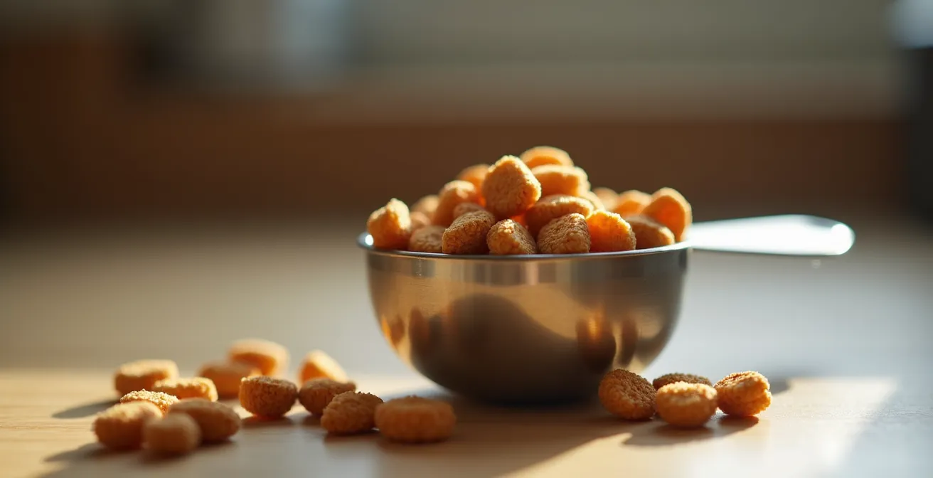 Extreme close-up of measuring cup with kibble showing texture and portion size