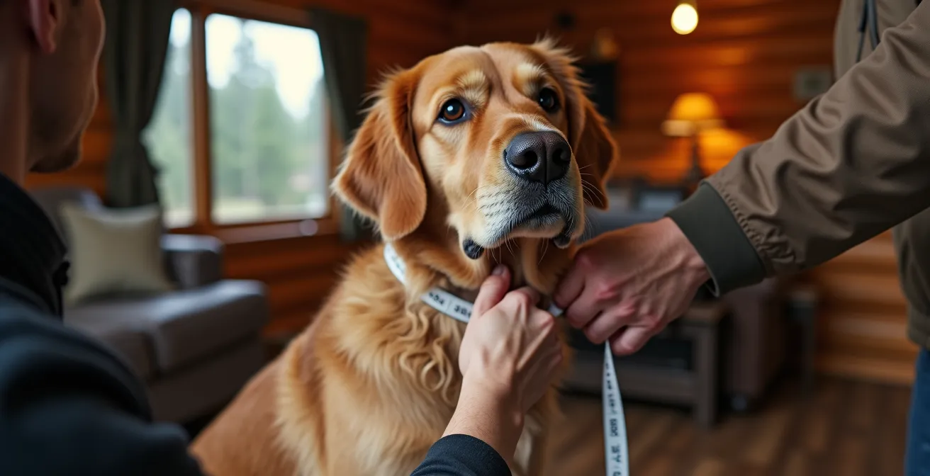 Professional demonstration of measuring a dog's chest girth for harness fitting