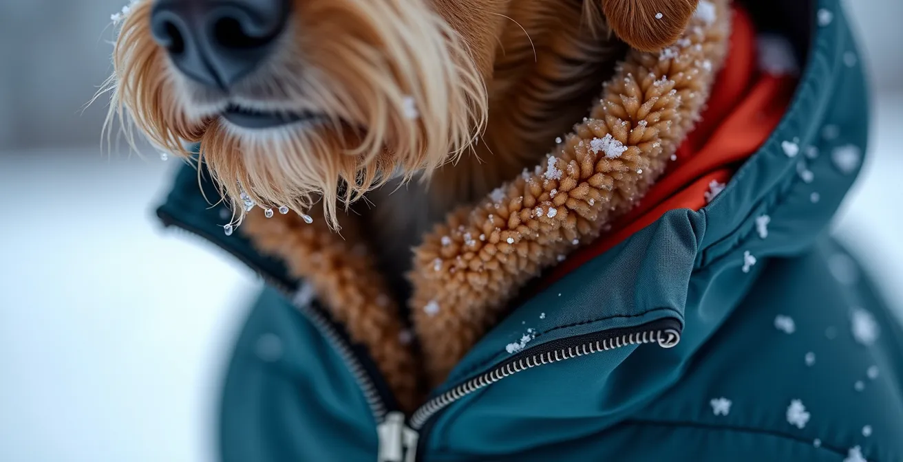 Close-up of layered dog winter clothing showing fleece inner and waterproof outer shell
