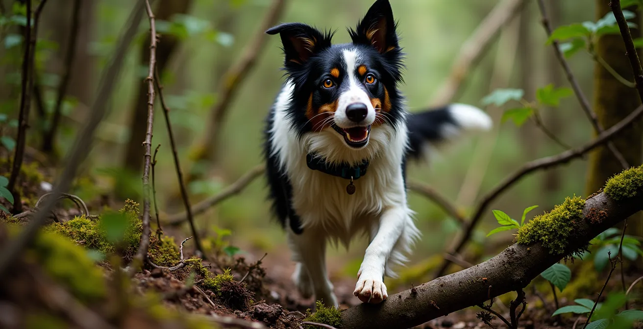 Working dog pushing through thick Pacific Northwest forest undergrowth