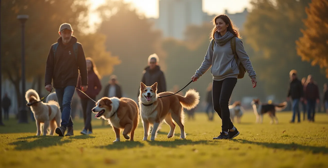 Person walking dog in busy urban dog park with multiple dogs in background