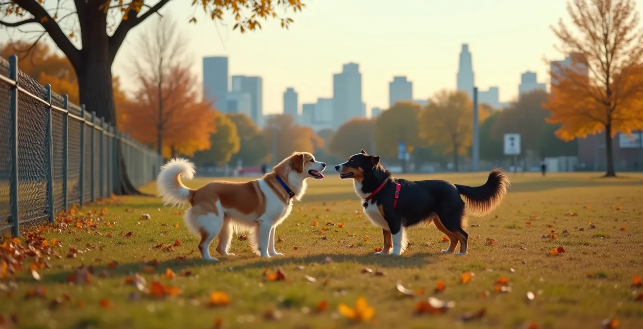 Wide shot of dogs in a park showing early warning signs of tension