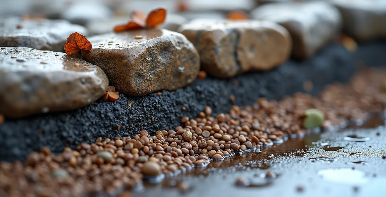 Cross-section view of properly constructed dog potty area with layered drainage system designed for Canadian winters