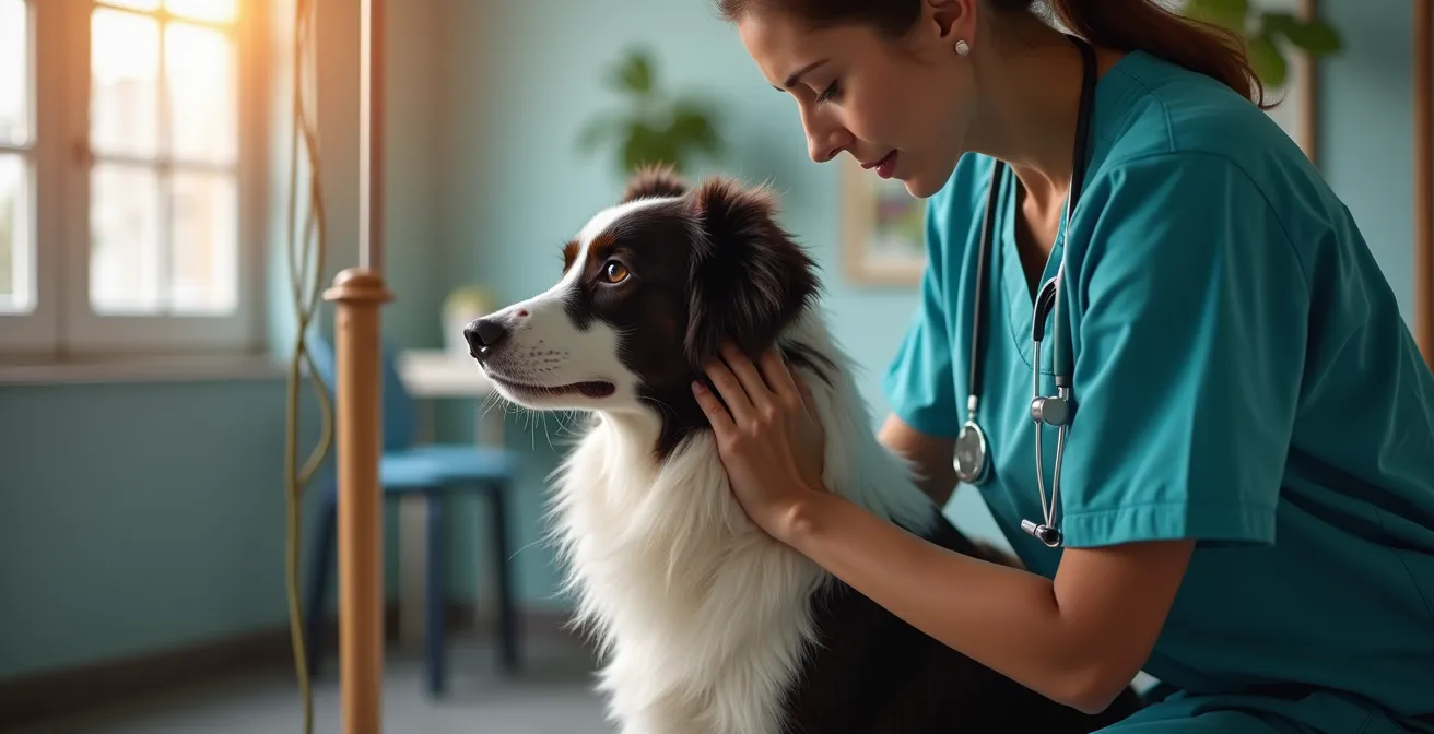 A veterinarian's hands gently palpating a Border Collie's spine to check for proper alignment and muscle tension, with weave poles in the background.