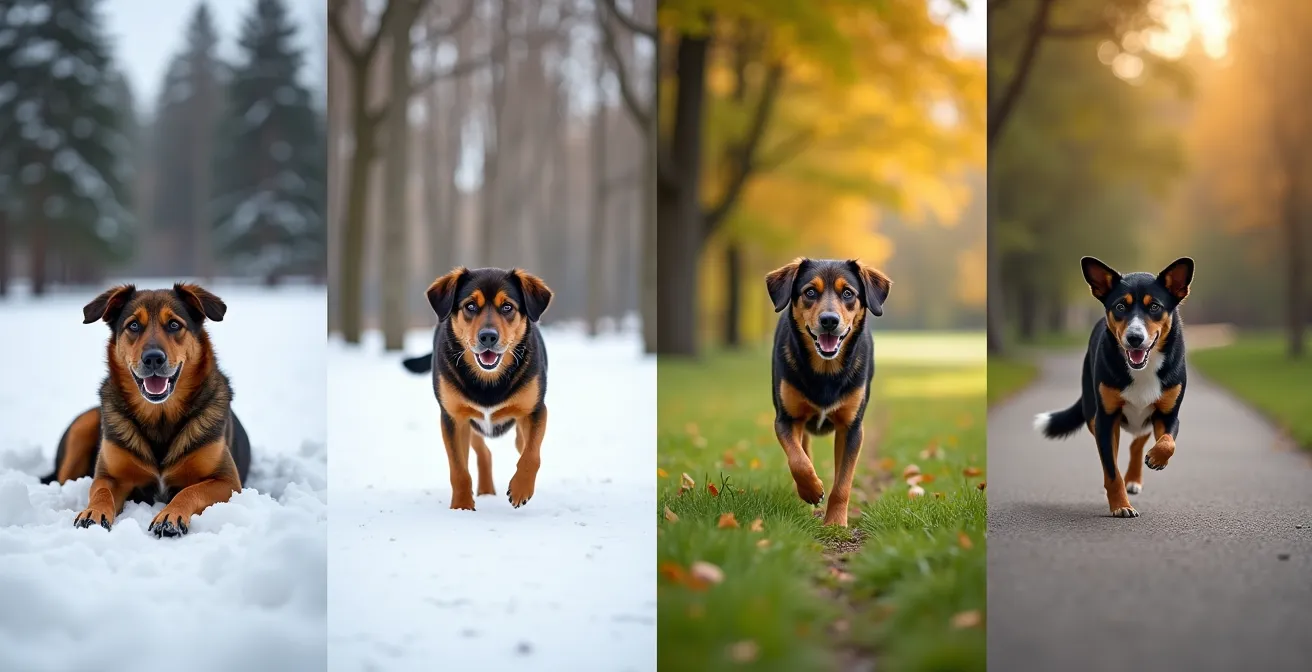 Visual timeline showing a hypothyroid dog's recovery journey over 16 weeks with a seasonal Canadian backdrop.