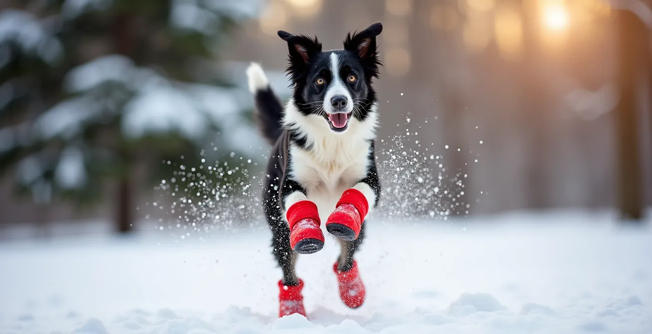 A happy Border Collie mix wearing bright red winter boots plays joyfully in the snow in a Toronto park.
