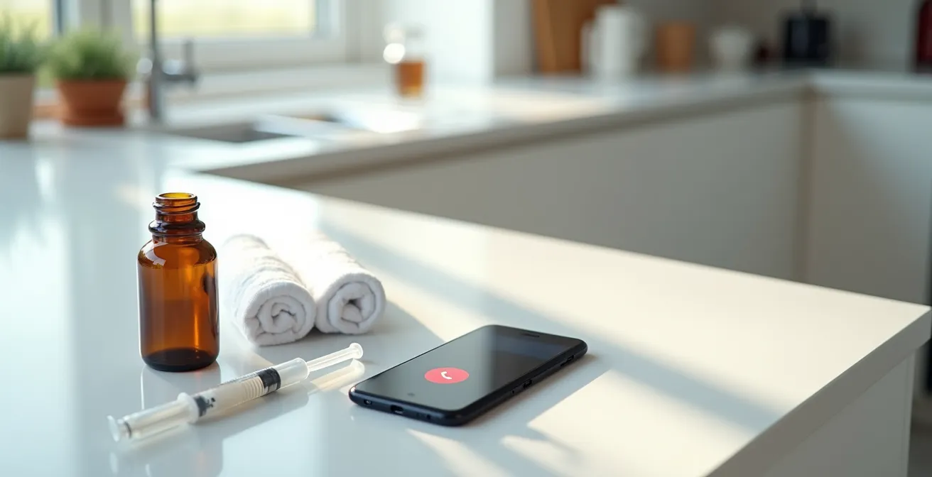 Emergency pet first aid supplies including hydrogen peroxide bottle and syringe for safe administration