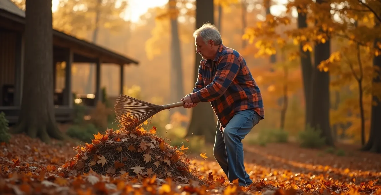 A person raking autumn leaves away from a Canadian cottage, creating a designated brush pile far from the house to prevent ticks.