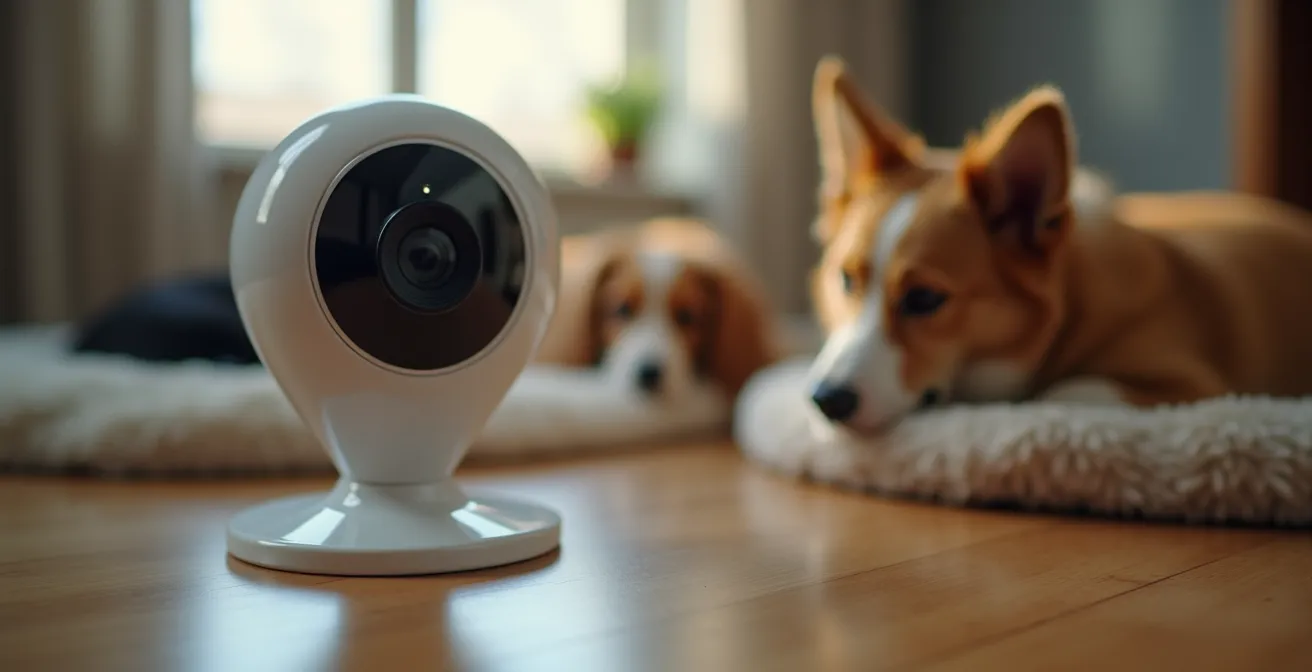 Pet camera view showing two dogs resting peacefully in living room