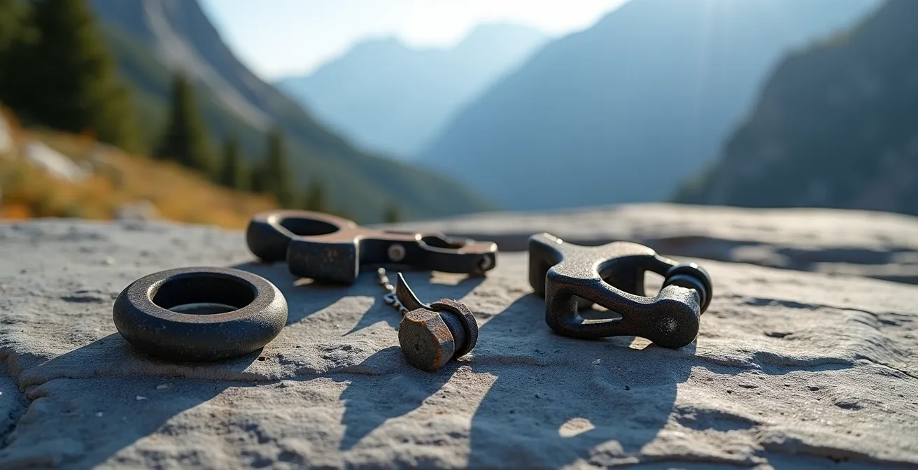 Extreme macro view of microscopic stress fractures in harness buckle hardware