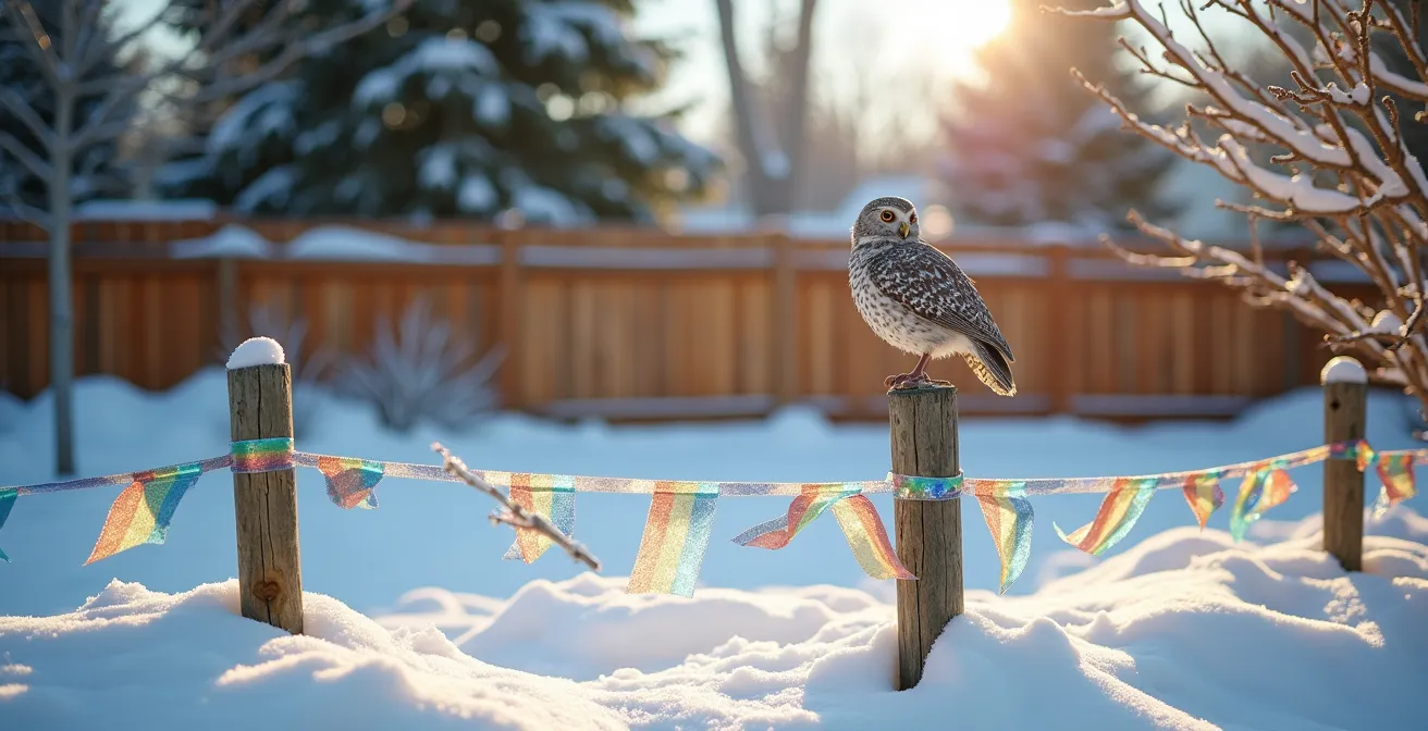 Reflective tape and owl decoy installation in a snow-covered Canadian backyard