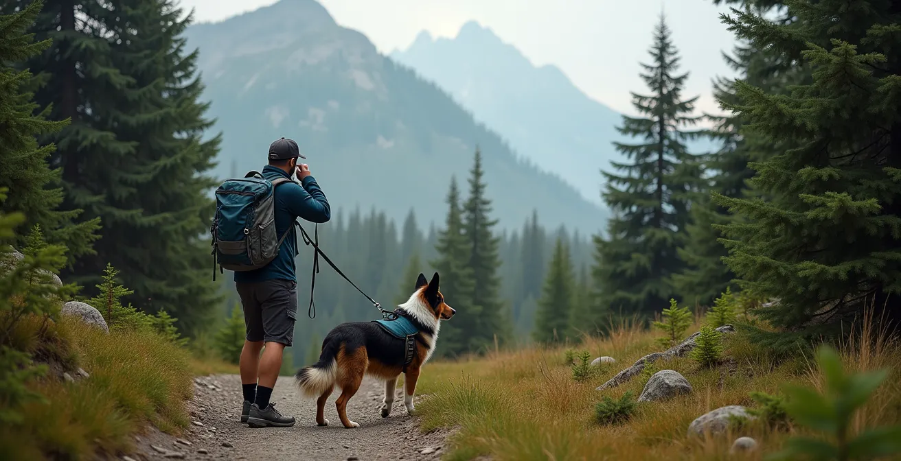 Hiker with leashed dog making noise on mountain trail