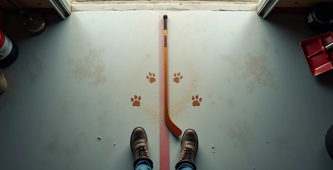 Top-down view of two weave poles with a hockey stick laid on the floor to create a visual entry channel for a dog.