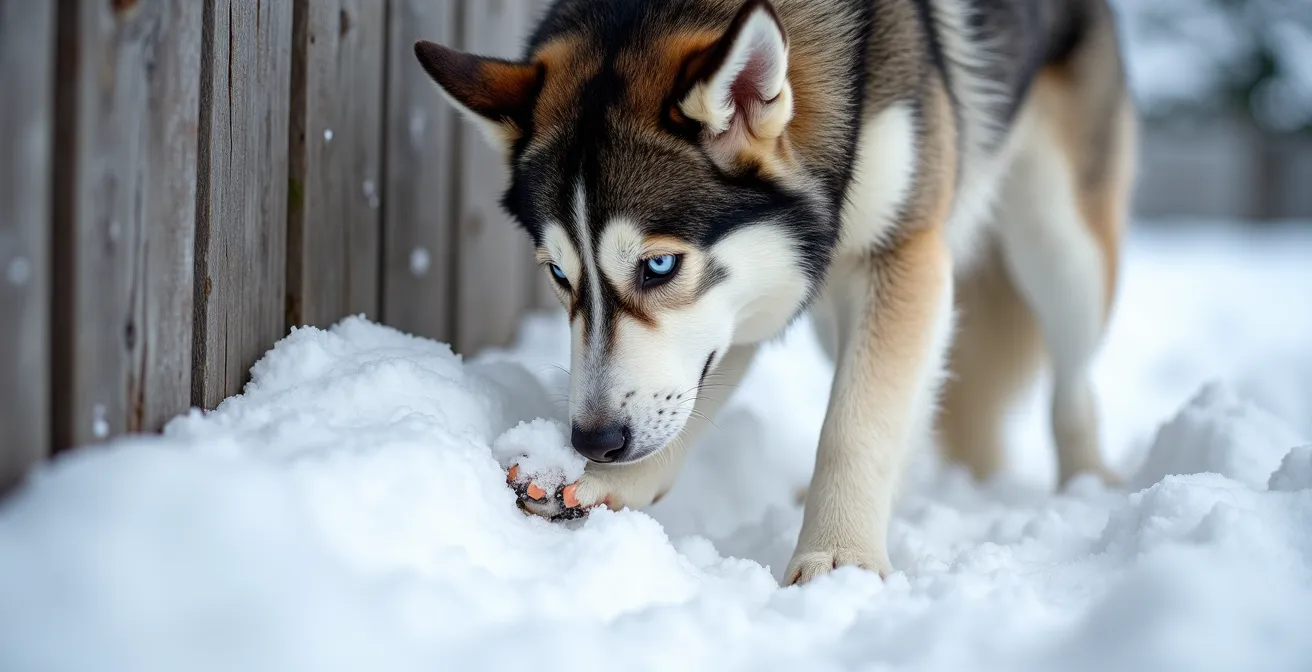 Husky's paws in deep snow near fence base showing digging behavior
