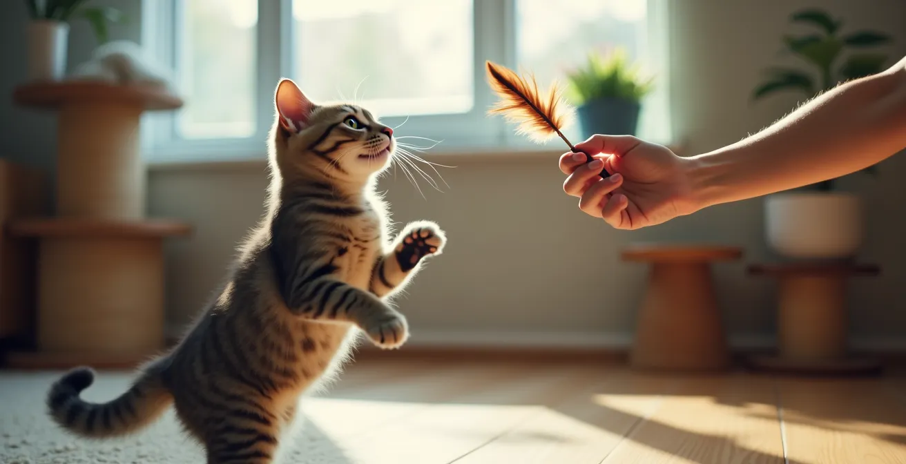 Cat engaged with feather wand toy in indoor environment with climbing shelves visible