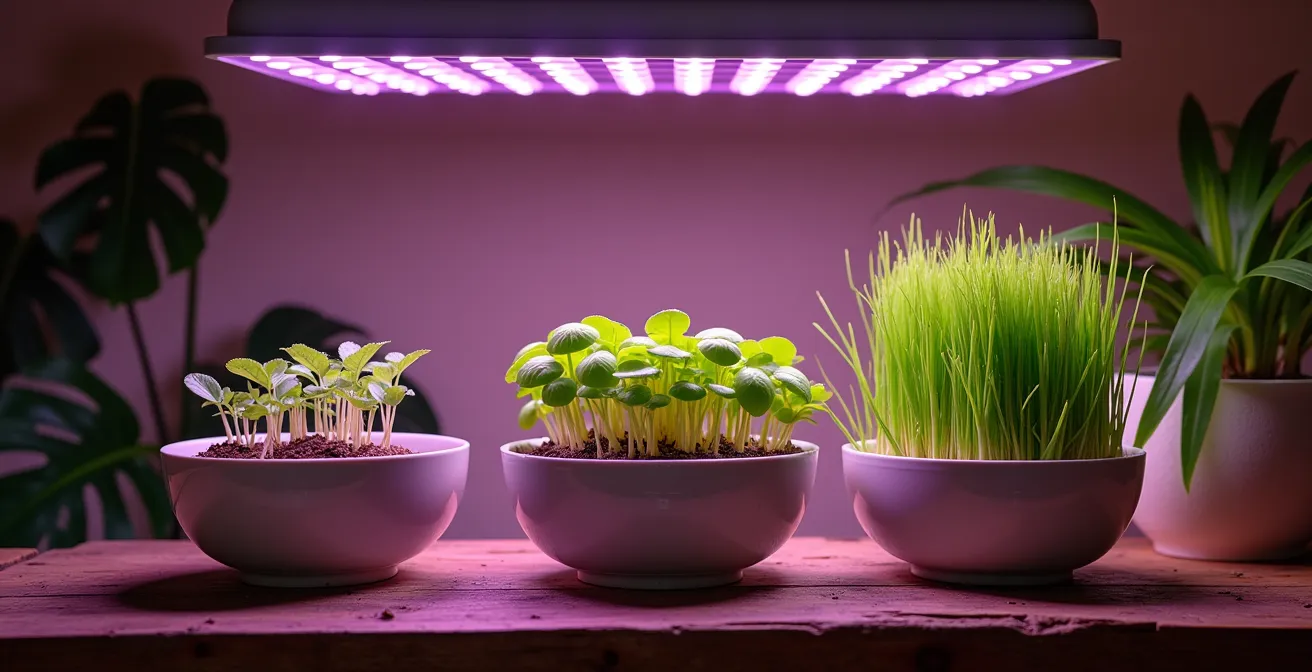 Indoor setup showing multiple shallow trays with sprouting wheatgrass and clover under purple LED grow lights in a warm room