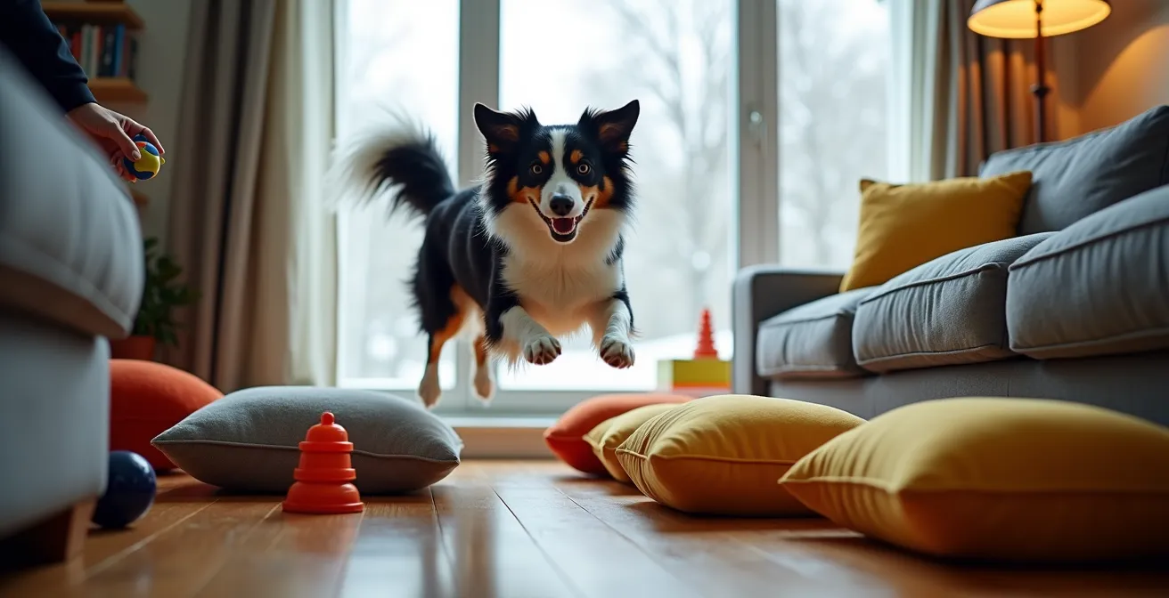 Canadian condo living room transformed into dog enrichment paradise during winter blizzard with multiple puzzle stations