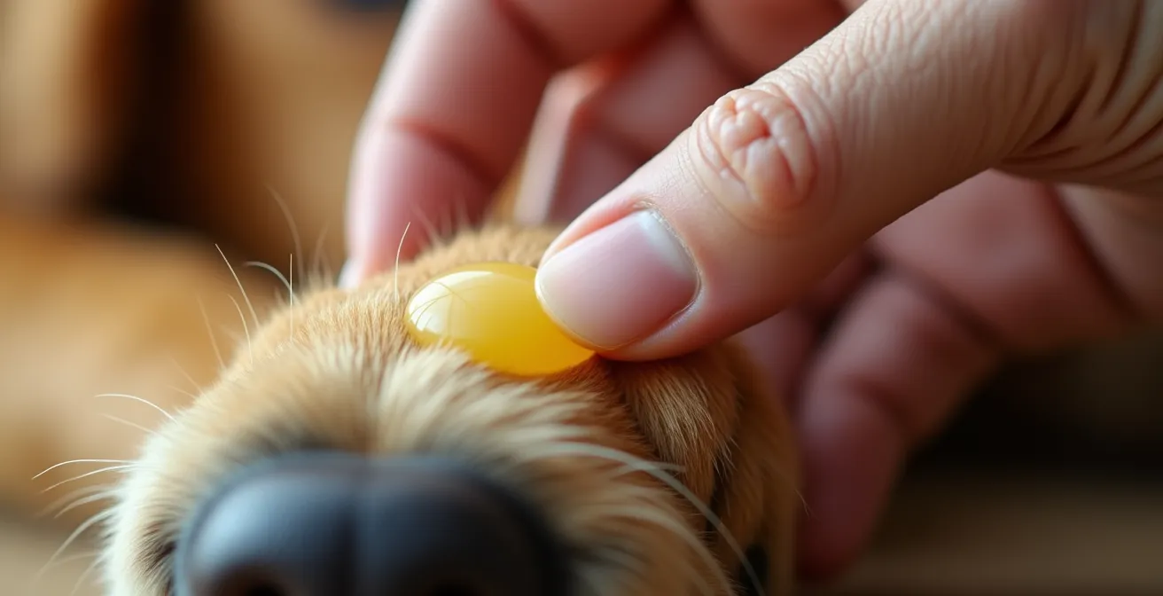 Extreme close-up of hands applying protective wax to a dog's paw pads, showing the texture of the pad.