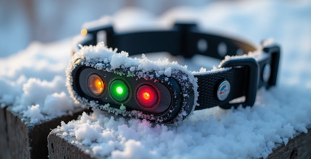 Extreme close-up of GPS tracker covered in frost showing battery indicator lights