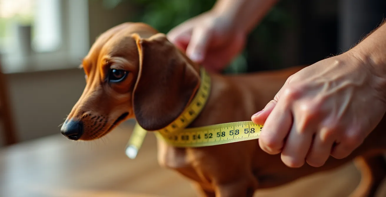 Close-up of hands measuring a dachshund's unique spinal curvature with a tape measure