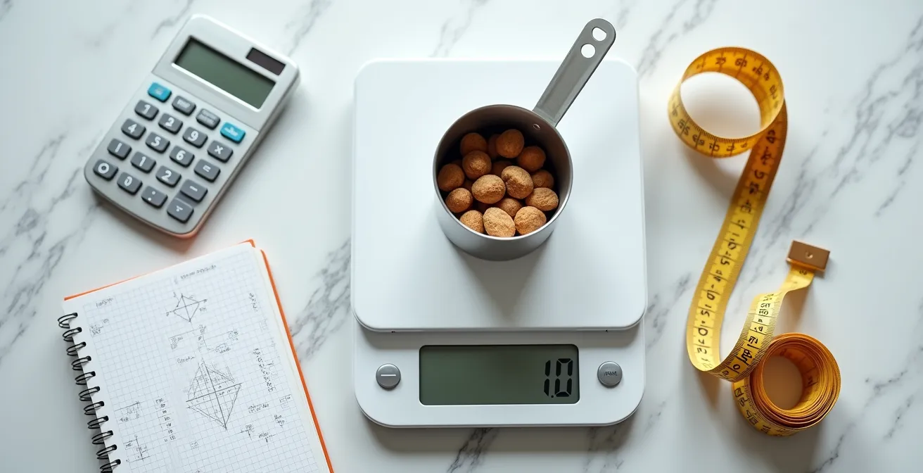Dog food being precisely measured on digital kitchen scale