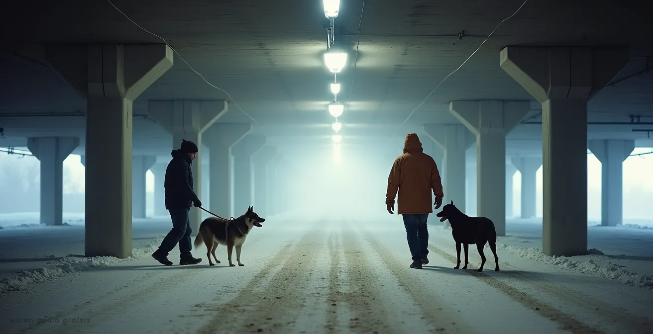 Two bundled-up dog owners with their dogs doing short parallel walks in snowy Canadian parkade