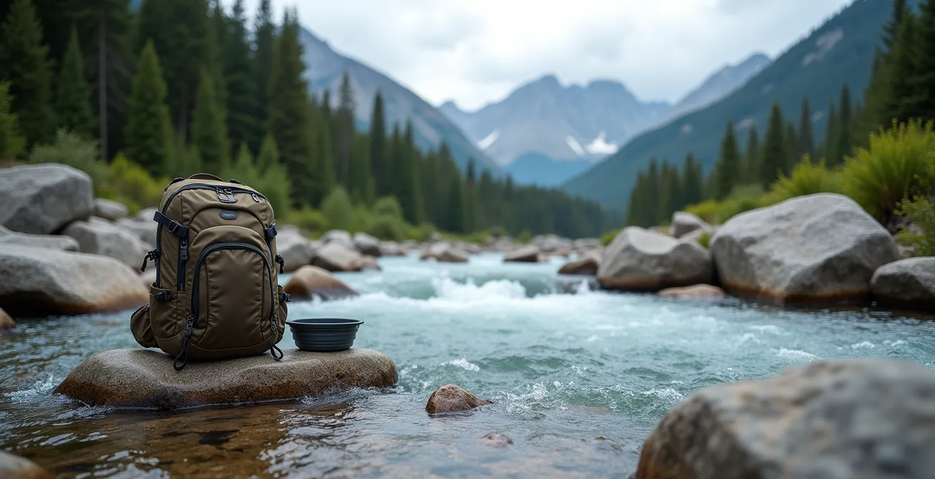 Wide shot of a pristine mountain stream flowing through rocky terrain in the Canadian Rockies