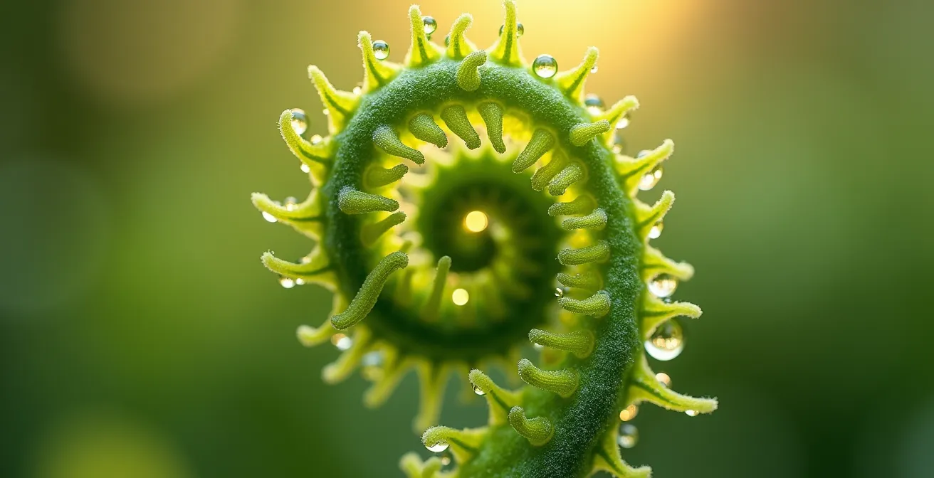 An extreme close-up of native Canadian Ostrich Fern fronds, showing their intricate texture and the morning dew creating a glowing effect.