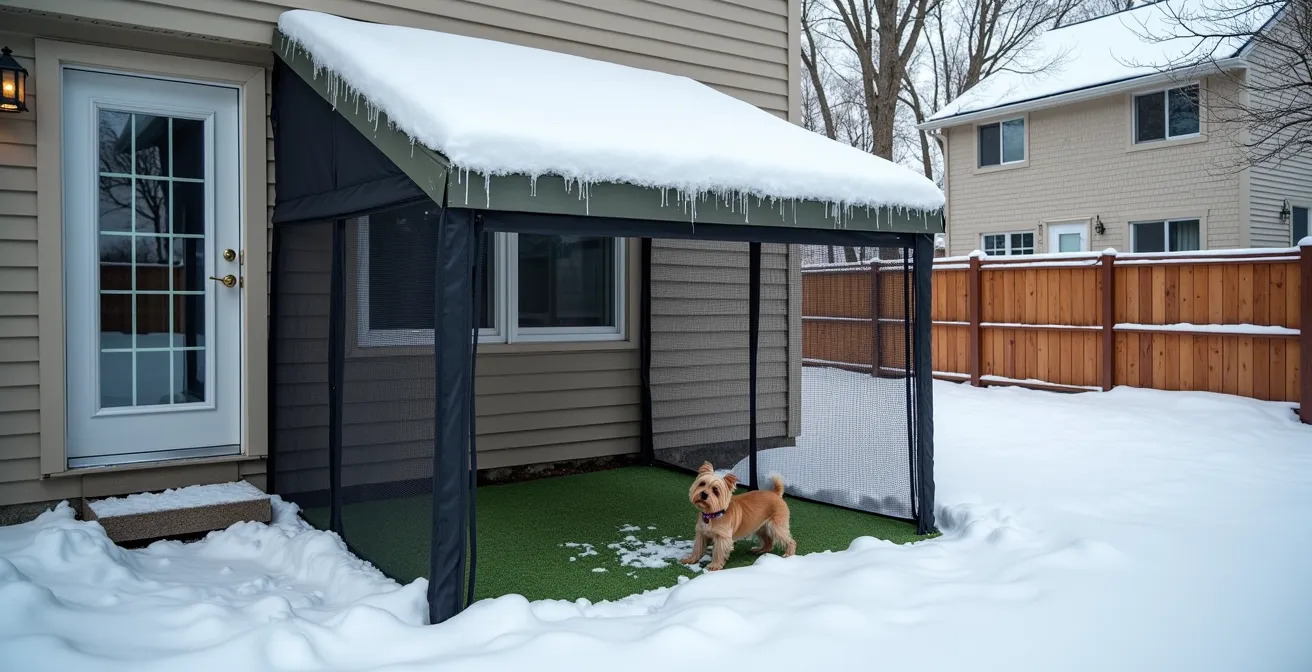 A-frame netted safe zone for small dogs in a Canadian winter backyard