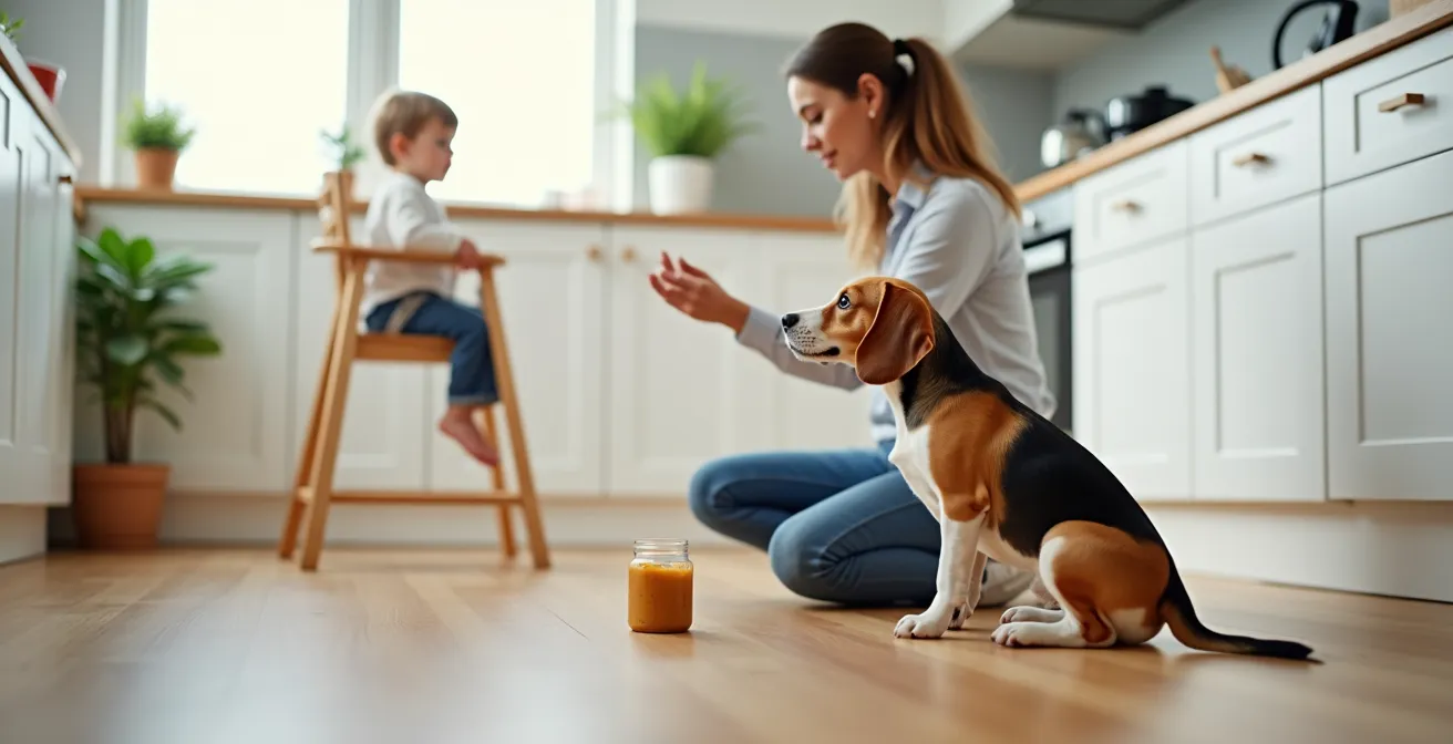 Parent safely administering oral flea medication to a Beagle in a bright Canadian kitchen
