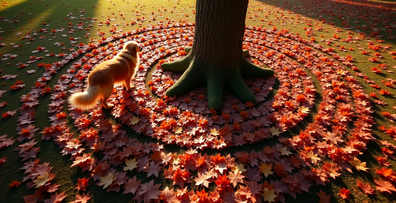 Dog circling maple tree base as part of pattern training game