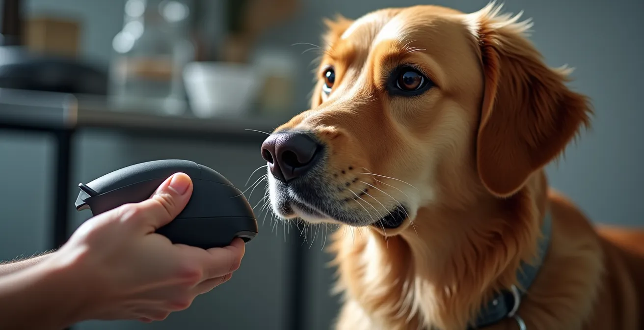 Veterinarian scanning microchip on golden retriever in emergency clinic setting