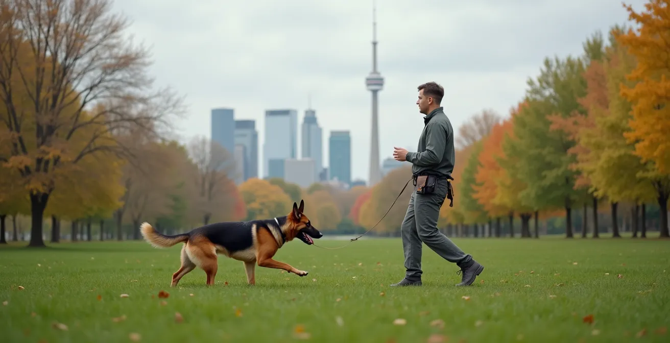 Wide shot of a certified trainer working with a dog in a Canadian park setting
