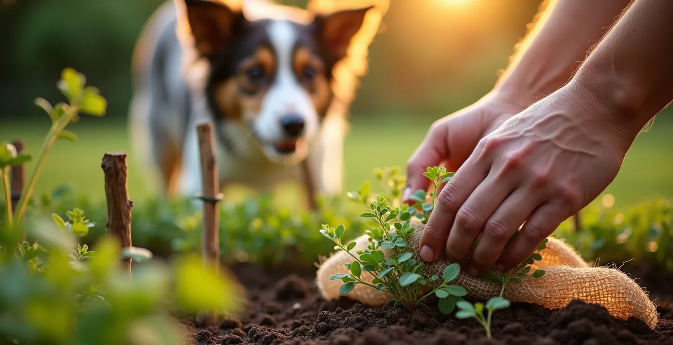 Biodegradable jute netting protecting newly planted dog-safe ground covers in a Canadian garden