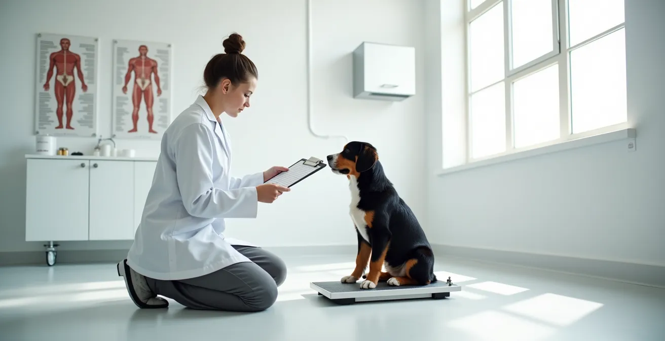 Veterinary scale with Bernese Mountain Dog puppy being weighed while owner takes notes on growth chart