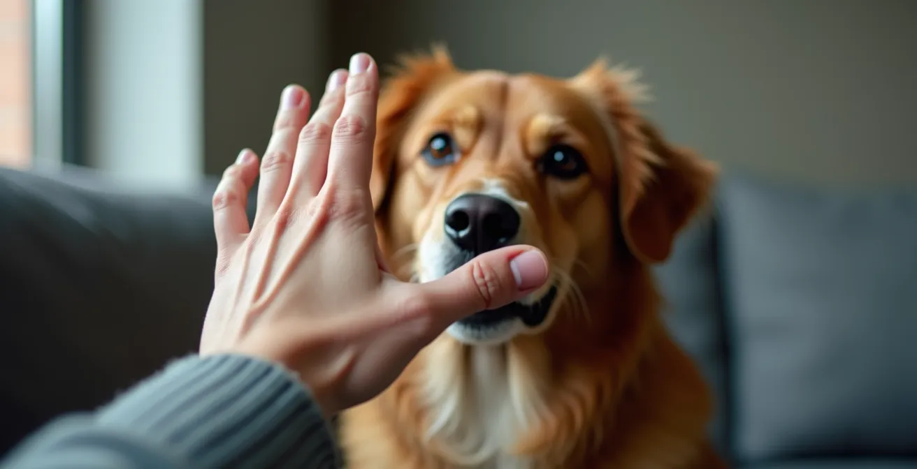 Close-up of owner's hand demonstrating the quiet command gesture to attentive dog