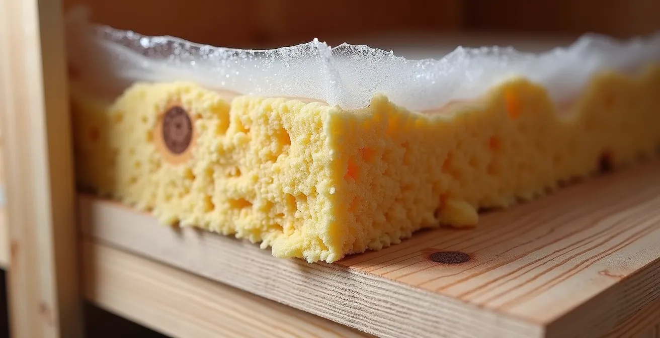 Cross-section view of a rabbit hutch showing proper vapor barrier placement on the warm interior side of insulation layers